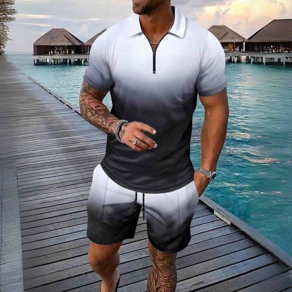 Men's White & Black Gradient Collared Neck Top & Shorts Resort Outfit